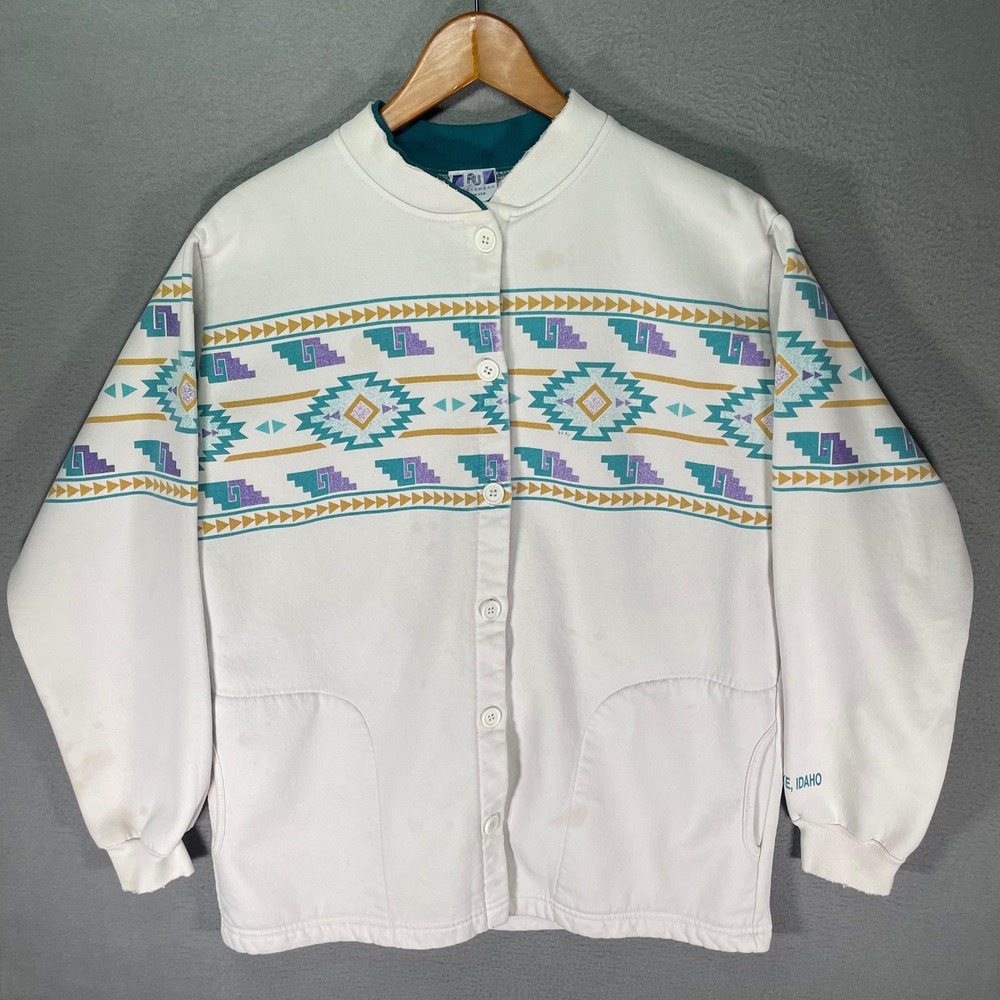 Vintage USA Made Aztec‎ Sweatshirt Mens XL White 90s Western Graphic Stained